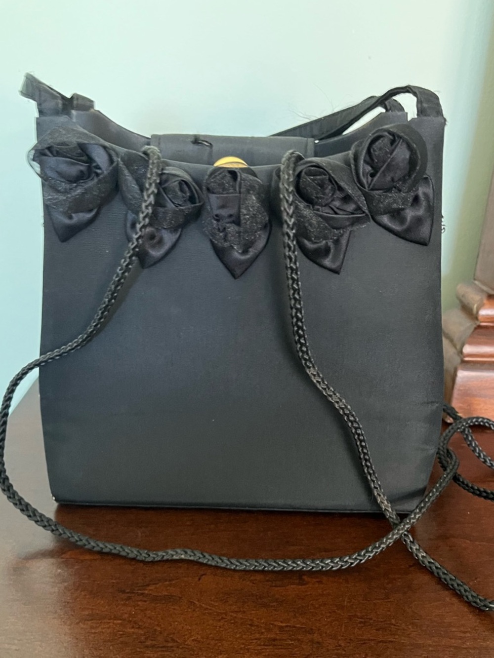 Black Satin Floral Accent Evening Bag